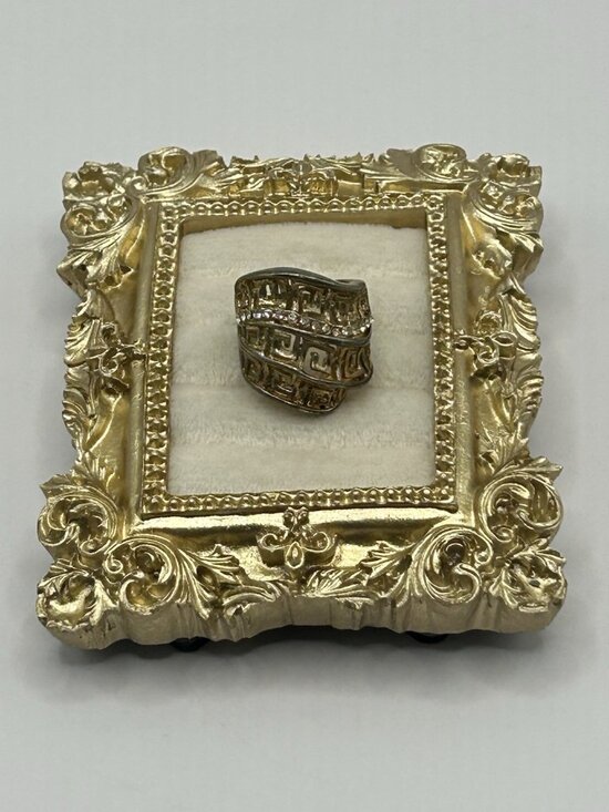 Unbranded Jewelry - Vintage Greek Key Rhinestone Wide Band Costume Ring Gold Tone Size 5 Chunky Fun
